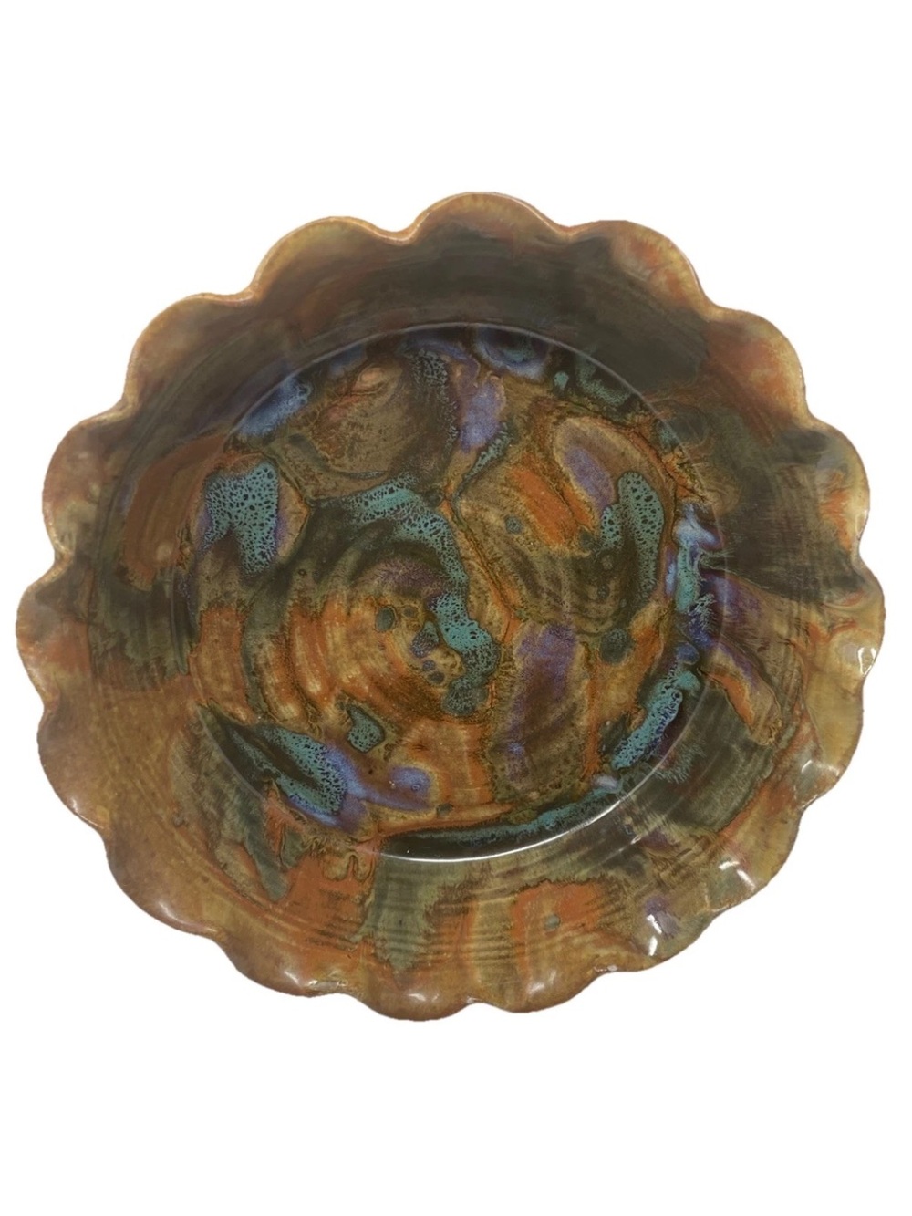 Vintage Signed Studio Art Pottery Bowl 11” Scalloped Drip Glaze Earth Tones